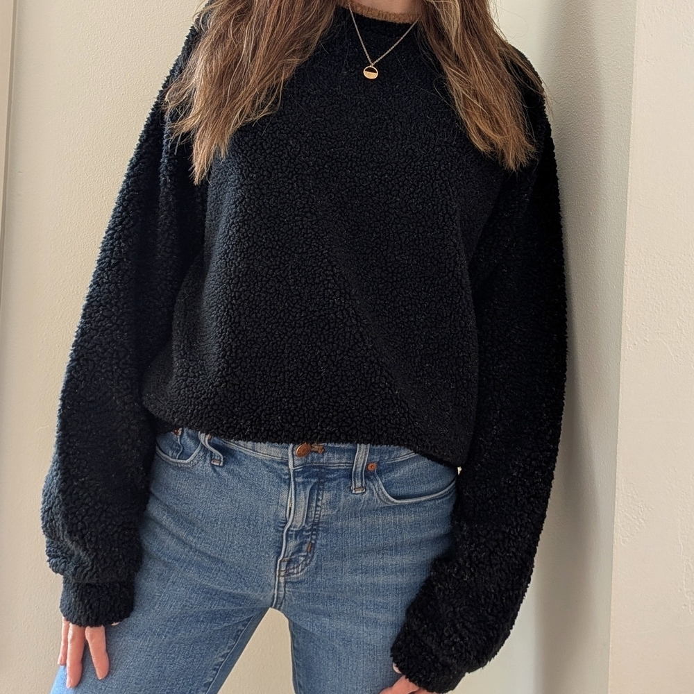 Vintage Heavyweight Fleece Mixed Trim Detailed Crewneck Sweater In Black/Brown - Picture 1 of 8